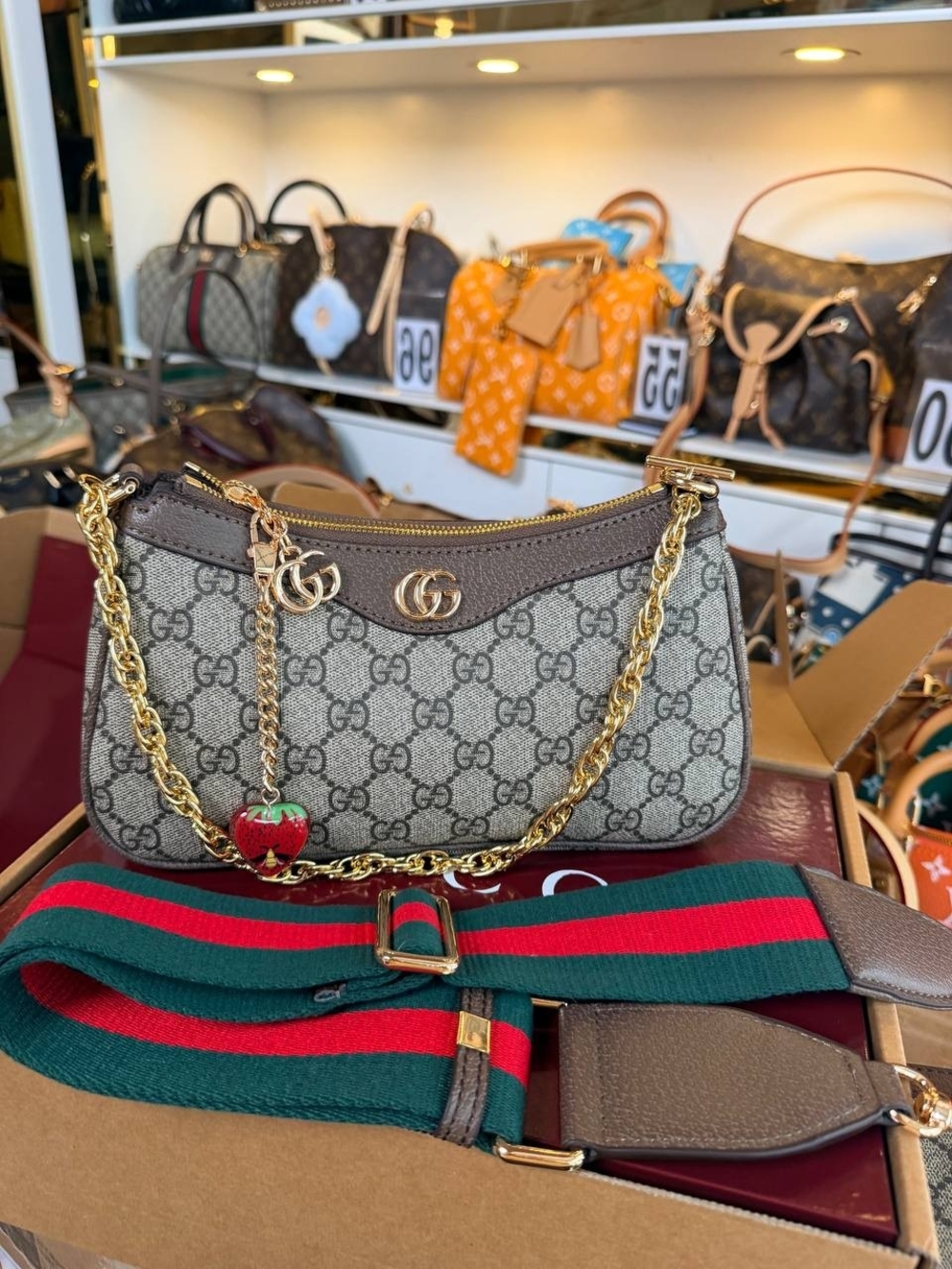 Gucci Beige Brown GG Canvas Mini Shoulder Bag with Gold Hardware